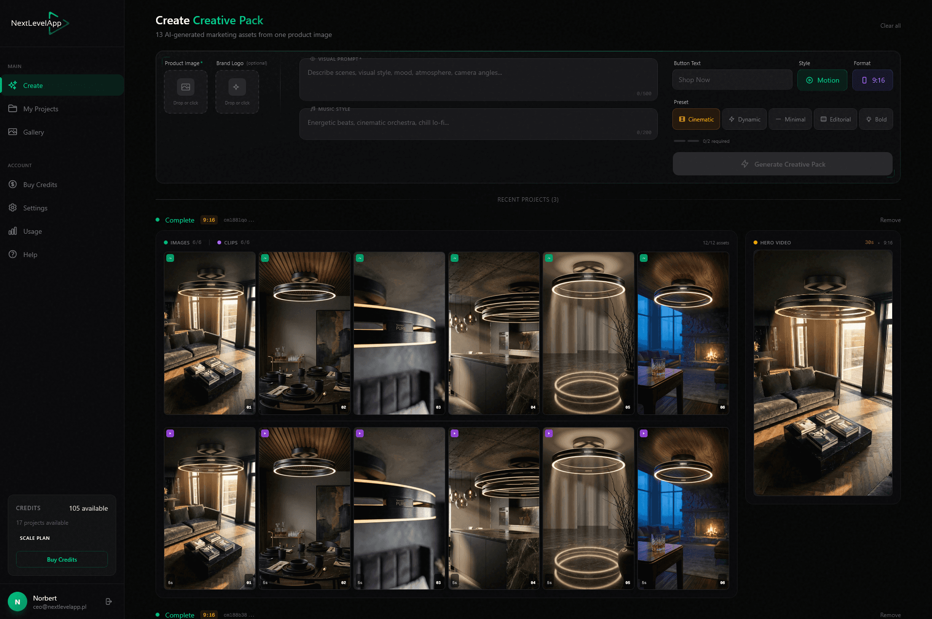 NextLevelApp — Dashboard z generowaniem mediów AI
